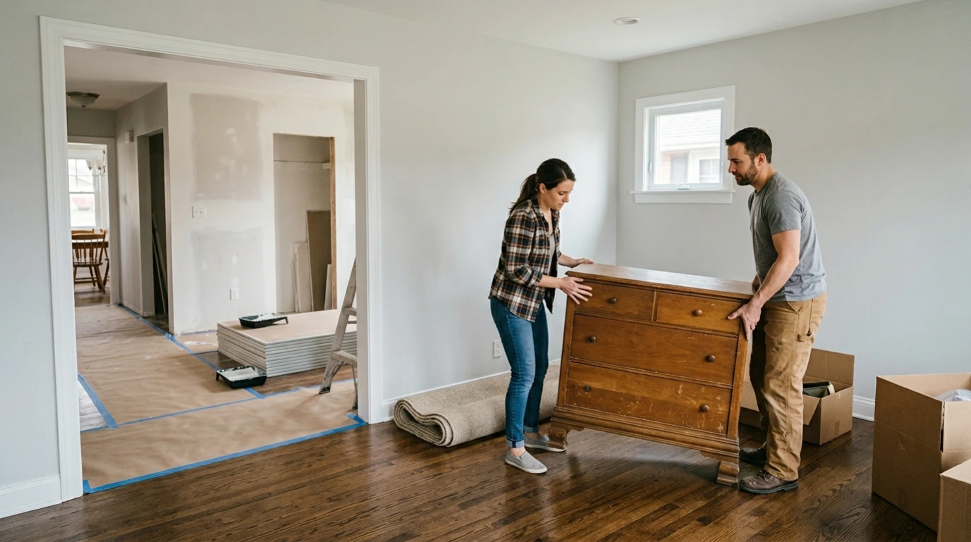 Furniture being returned to a completed room during a phased home renovation