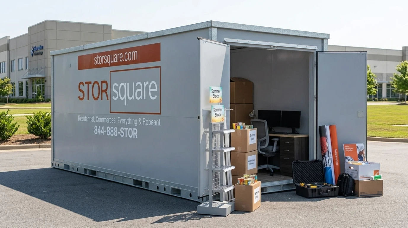 Business inventory, displays, equipment, and supplies prepared for portable storage