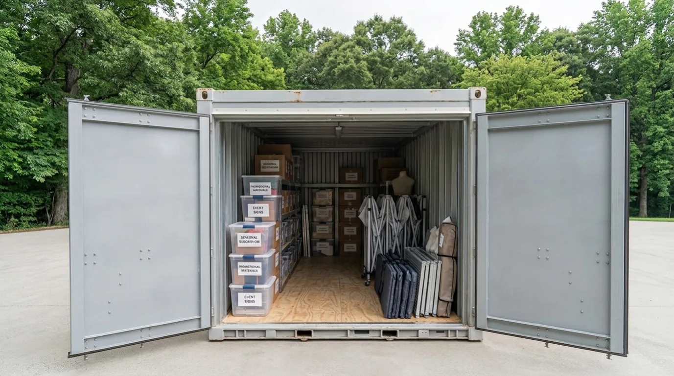Organized business inventory in a portable storage container with labels and an access path