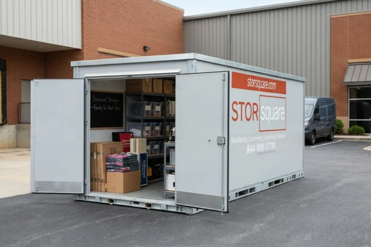 Seasonal storage for businesses using a portable storage container for inventory and equipment