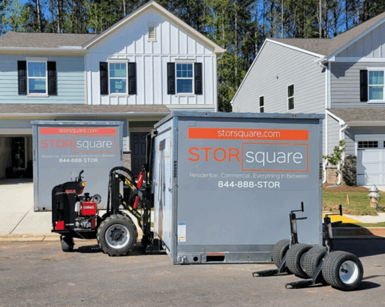 Portable storage container set up in a Calhoun driveway for moving or storage.