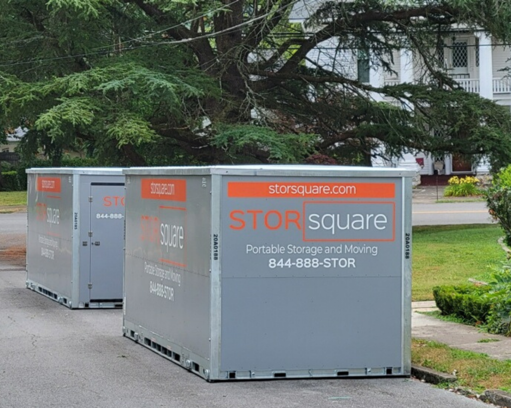 STORsquare mobile storage containers positioned along a neighborhood street in Marietta, GA.