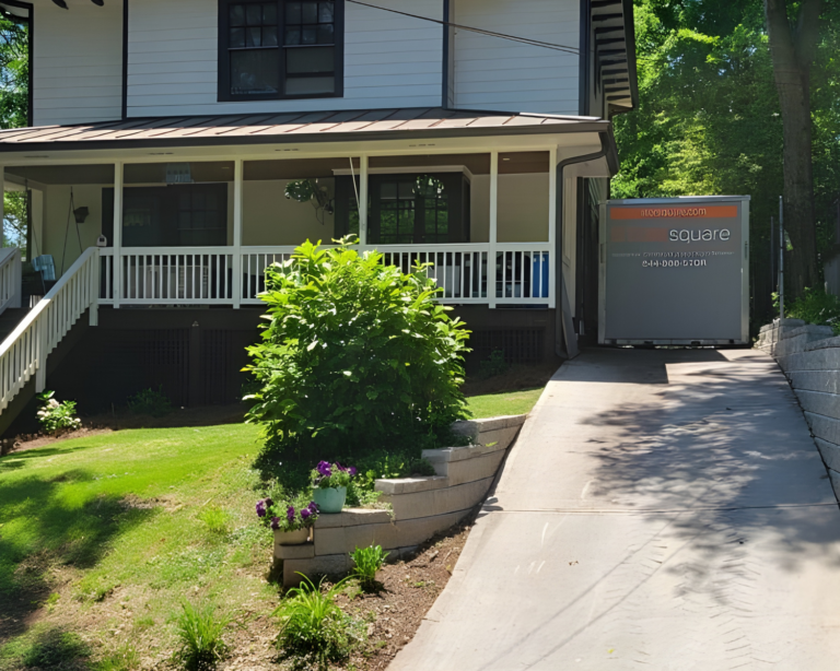 STORsquare storage container delivered to a narrow residential driveway using precision placement.