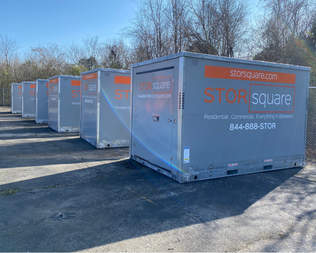 STORsquare portable storage containers staged for long-distance moves from Knoxville, part of flexible Tennessee moving solutions.