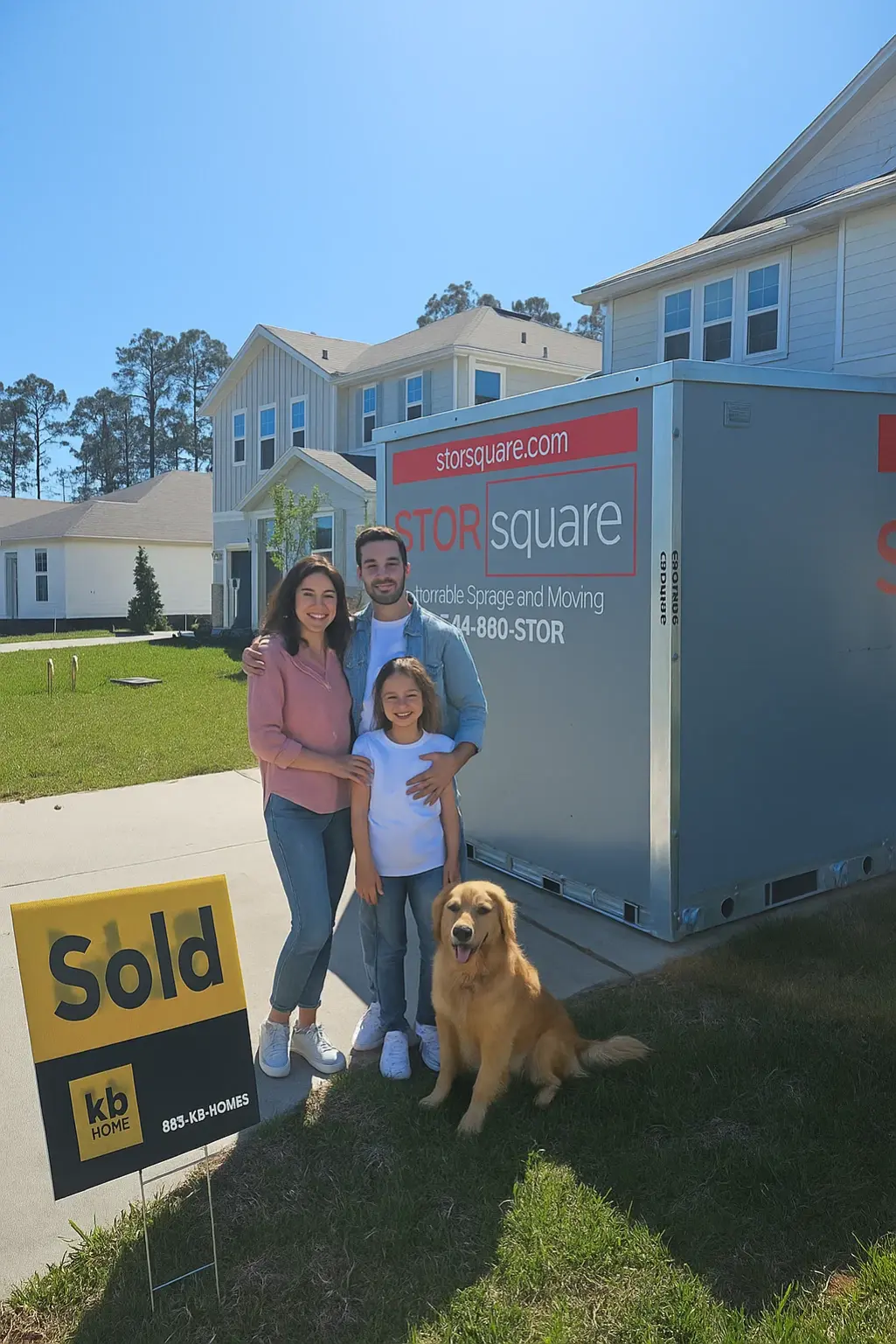 Family posing beside a STORsquare portable storage container at a newly purchased home.