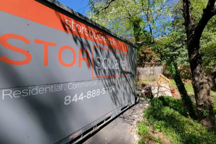 Portable storage container placed in a Decatur backyard, showing how portable storage solves surprises during home transitions.