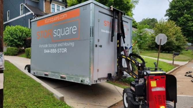 Portable storage container placed at a residential renovation, showing how storage container rentals help renovations in Cornelius