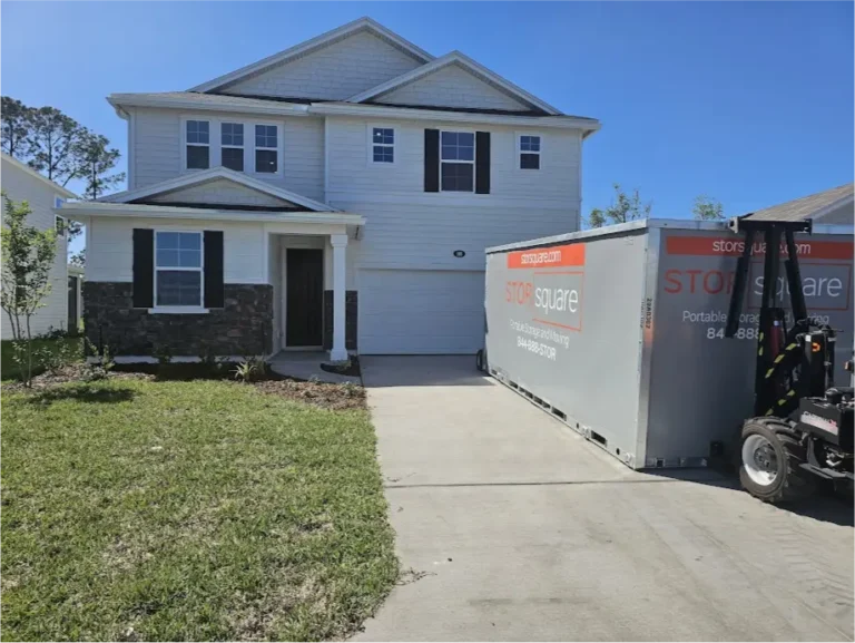 STORsquare mobile storage units placed neatly in a Charlotte driveway beside a two-story home using no-tilt delivery equipment.