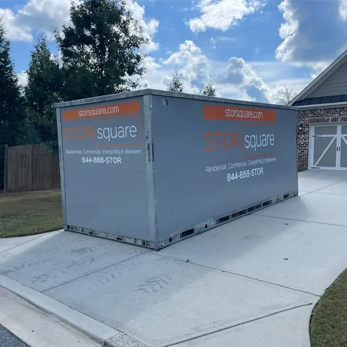 STORsquare portable storage container placed in a residential driveway at a South Carolina home.