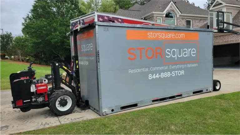 STORsquare portable storage container being precisely placed in a residential Charlotte driveway using a no-tilt Mule delivery system.