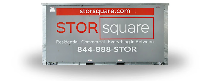 Side view of a STORsquare portable storage container displaying branding and contact information for service.