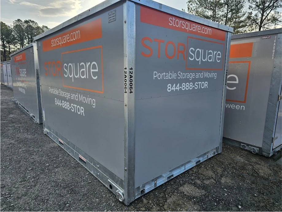 STORsquare storage containers grouped together in a Gainesville GA yard ready for delivery and use.