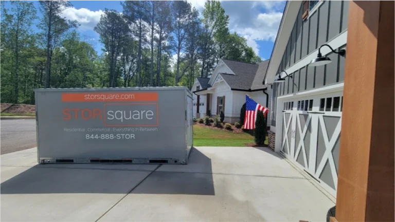 STORsquare storage container placed in a Roswell GA residential driveway beside a home during delivery.
