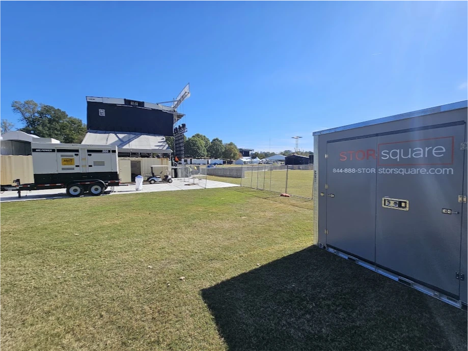STORsquare storage container placed at a Statesville NC outdoor event site near equipment and staging area.
