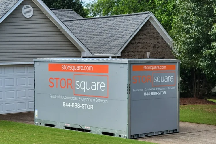 portable self storage unit placed beside a home to help free up closet space