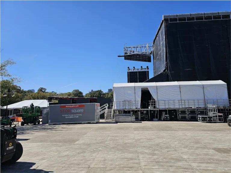 STORsquare portable storage units placed at a Salisbury NC event site with staging structures and equipment