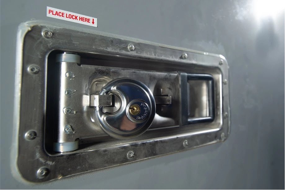Close-up of a secure lock on STORsquare portable storage units in Albemarle showing reinforced door hardware