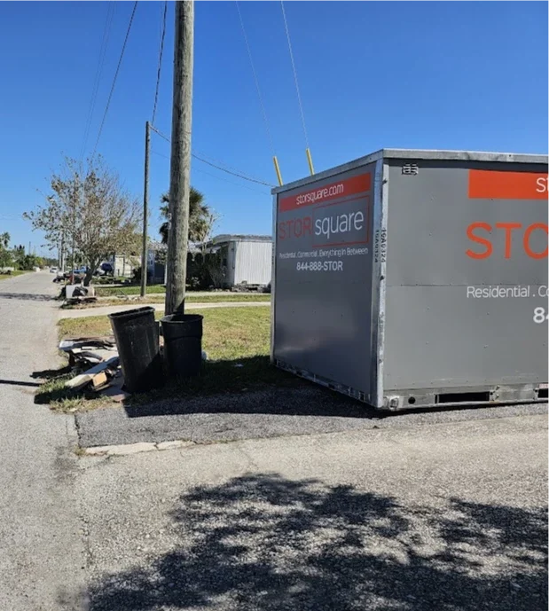 STORsquare storage container placed along a Hickory NC residential street near homes and roadside utilities.