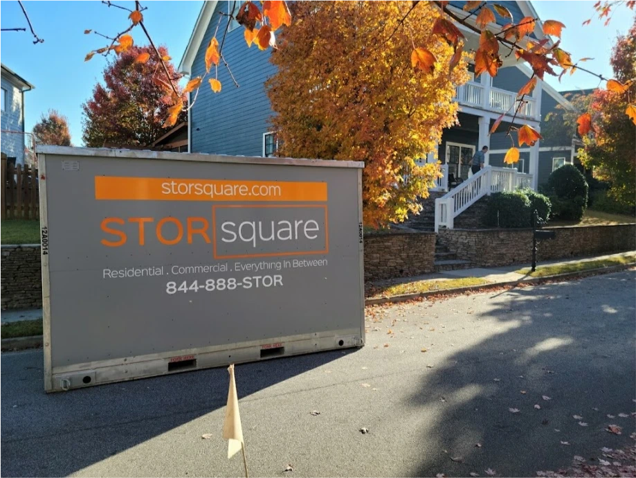 STORsquare portable storage container placed curbside near a residential home for moving or temporary storage in Indian Trail, NC.