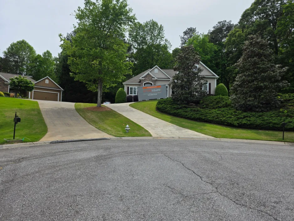 Mobile storage unit outside a Stallings area home during a decluttering or remodeling project