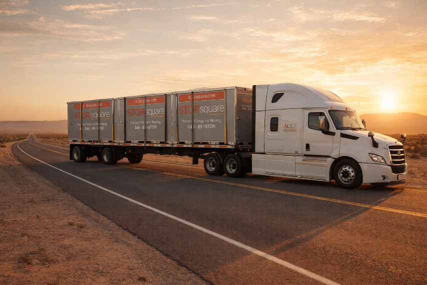 STORsquare moving containers loaded on a truck for transport, showing portable storage options for moving, cleanouts, and temporary storage needs.