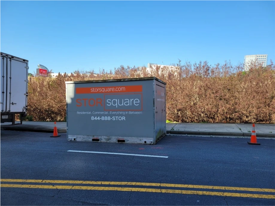 STORsquare portable storage container placed along a street for moving, commercial storage, or temporary storage in College Park, GA.