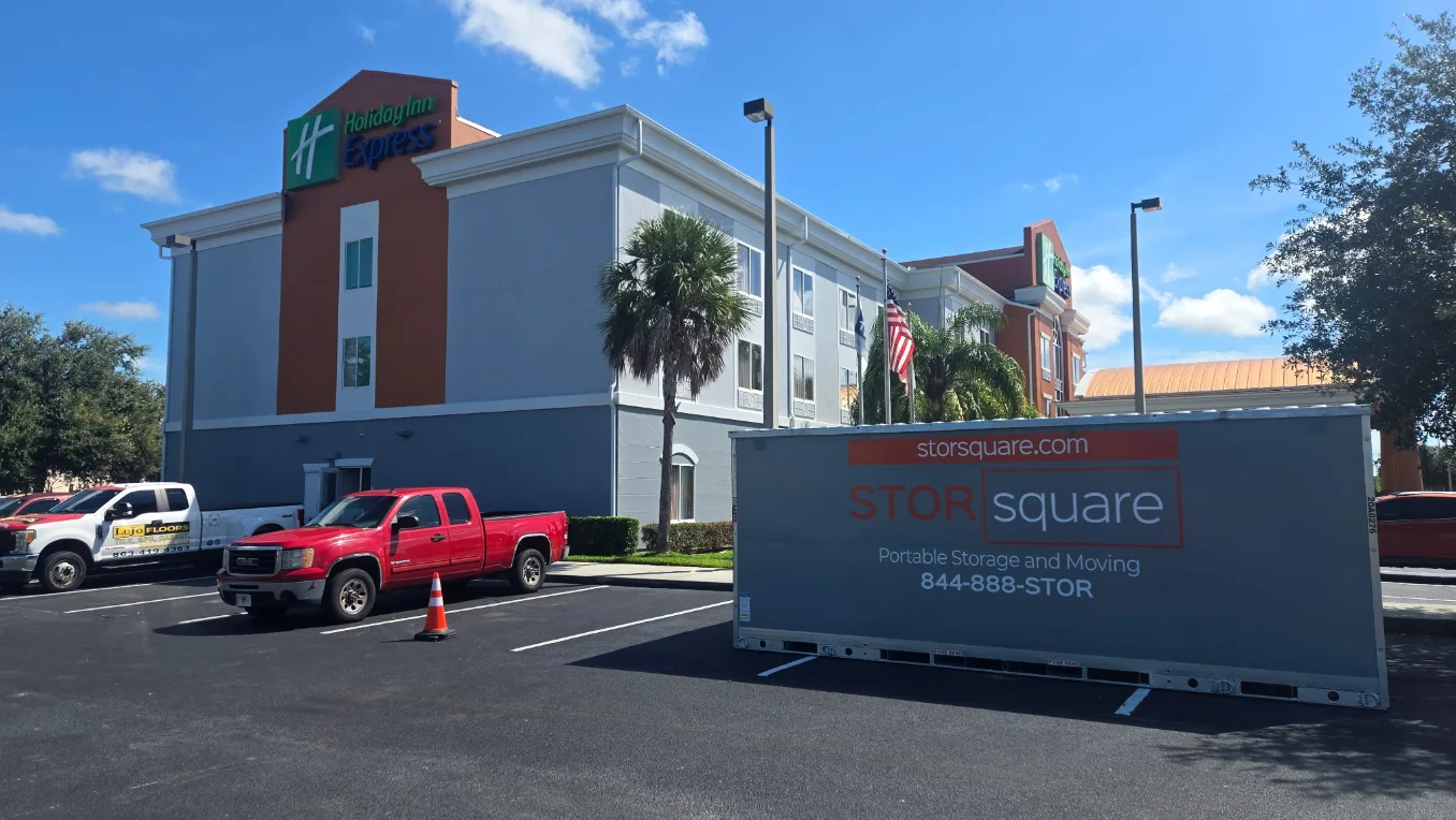 Portable storage container placed on-site for commercial inventory overflow, remodeling, and temporary business storage