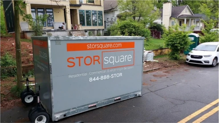 STORsquare portable storage container in Landis placed along a residential street near homes and trees.