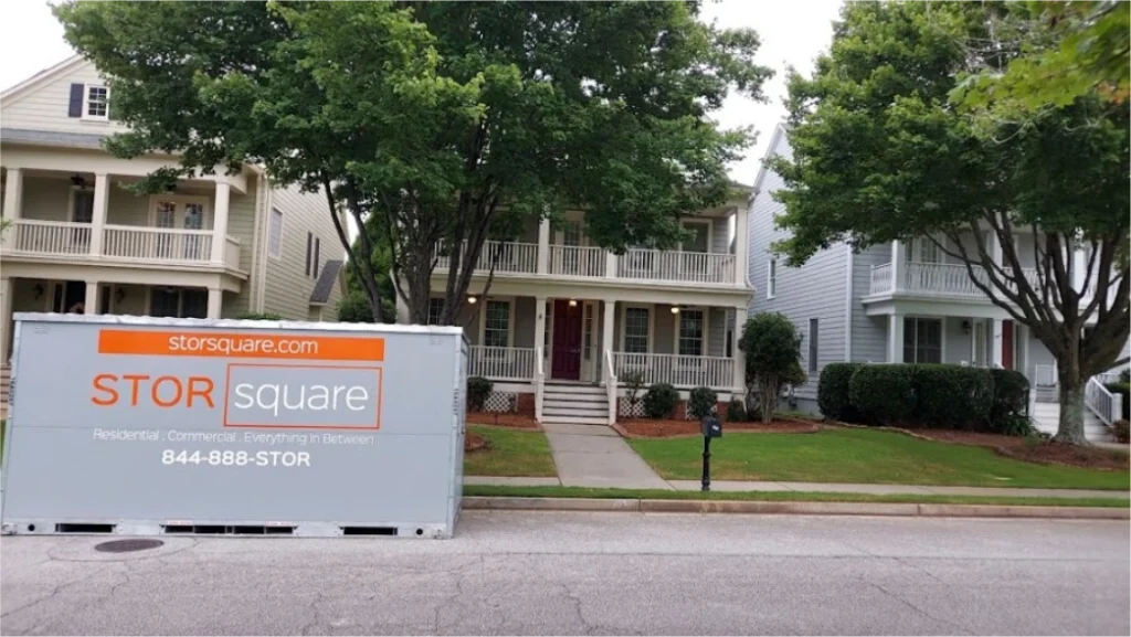 STORsquare portable storage container placed along a residential street in Spencer.