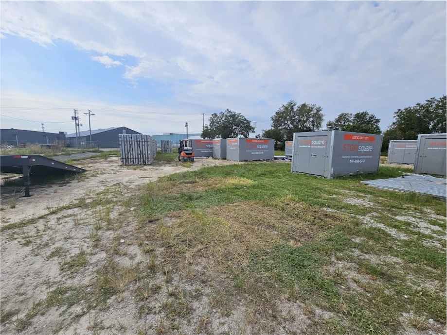 Several STORsquare portable storage units placed in a storage yard in Mocksville.