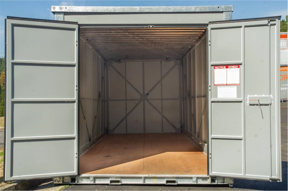Open STORsquare portable storage container showing the empty interior for customers in Watkinsville, GA.