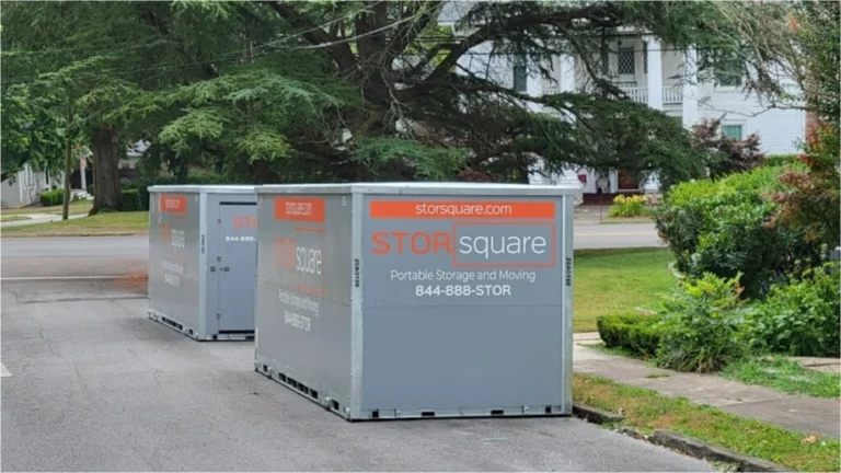 Two STORsquare portable storage containers positioned along a residential street for customers in Alcoa, TN.