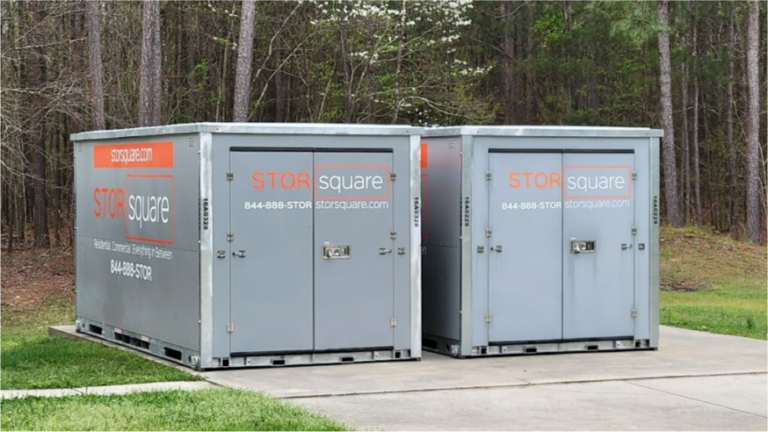 Two STORsquare portable storage units placed side by side at a residential property for customers in Austell, GA.