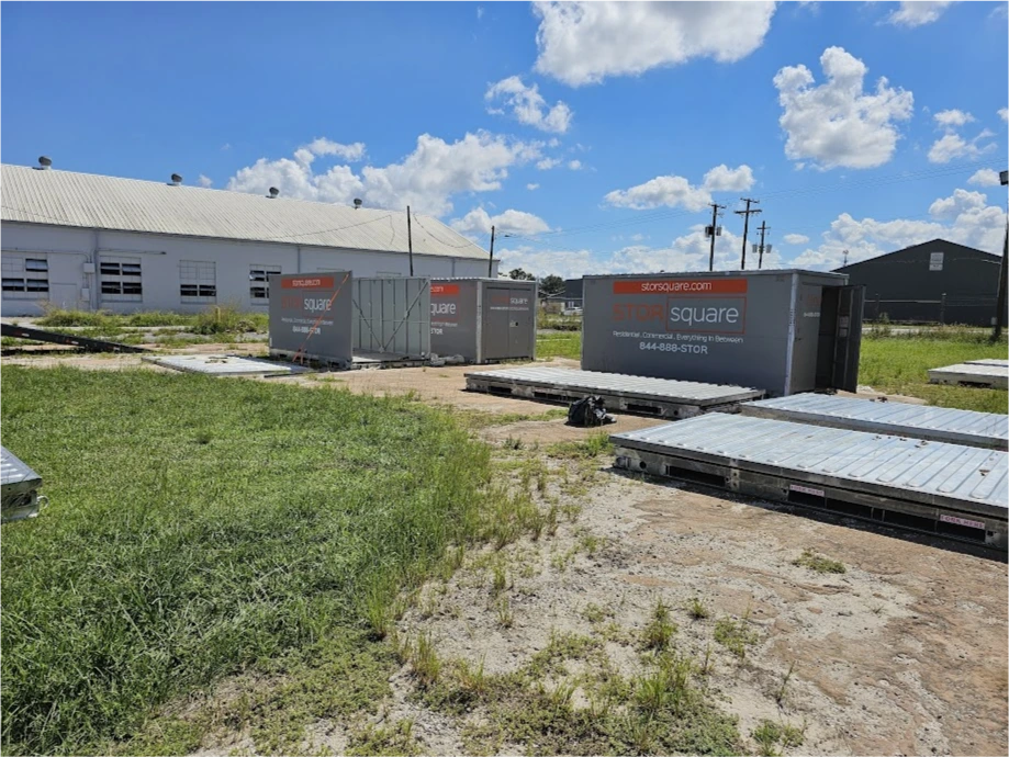 Multiple STORsquare portable storage containers arranged in a storage yard for customers in Clemmons, NC.
