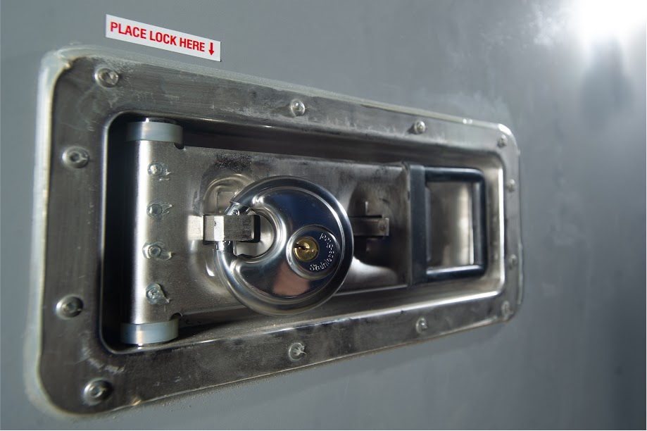 Close-up of a padlock securing the latch on a STORsquare portable storage container for customers in Hardin Valley, TN.