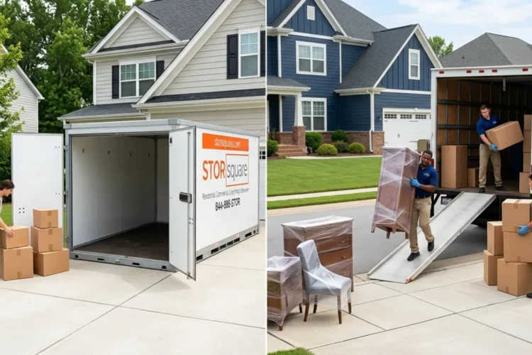 Portable storage vs. traditional movers comparison with a STORsquare container and professional movers at residential homes.