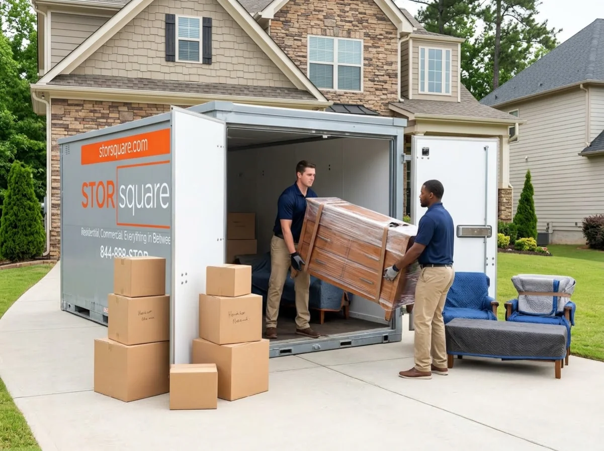 Moving professionals load belongings into a STORsquare portable container for a move with hired labor assistance.
